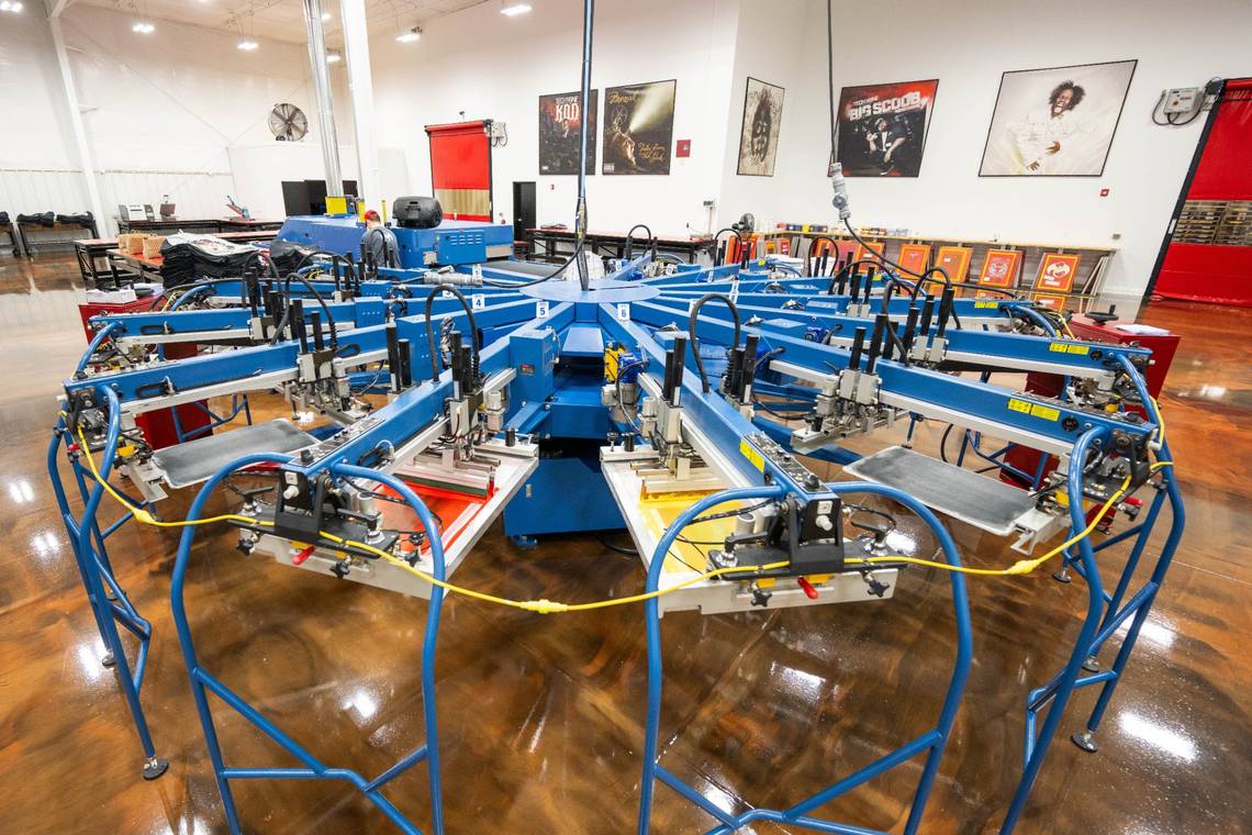 Screen printing equipment in the Strange Music production facility